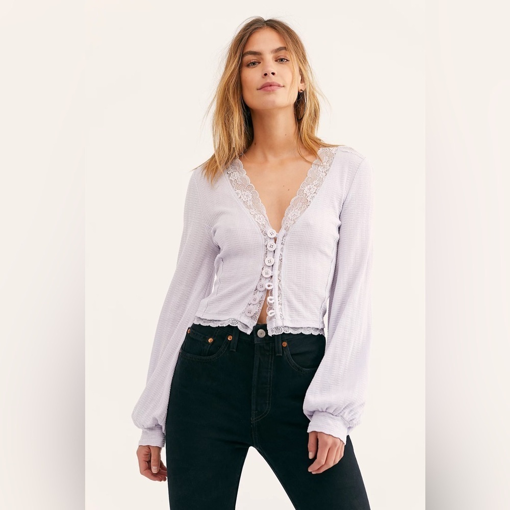 Free People Run With Me Lace Trim Cardigan in Lilac Size M
